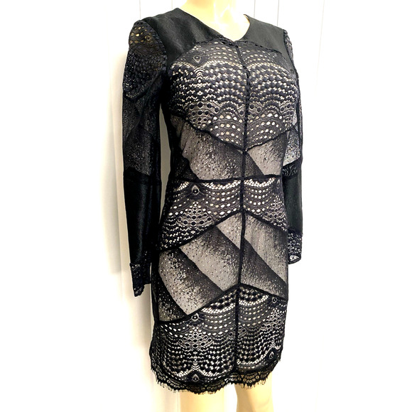 Sandro Lace Overlay Long Sleeve Scalloped Hem Mini Dress Black 3 S - Picture 4 of 8
